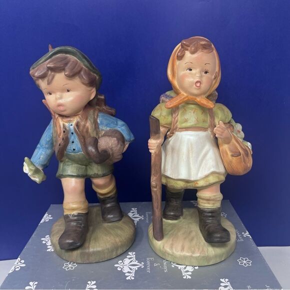 Hand Painted 9” Hummel Figurines Boy  & Girl Hiking Singing - Picture 1 of 10